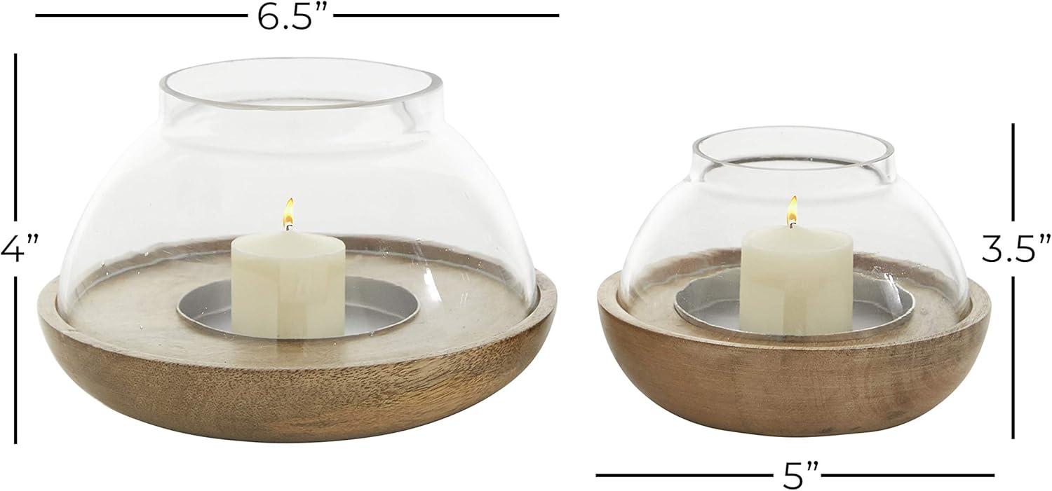 Brown Mango Wood and Glass Tealight Hurricane Lamp Set