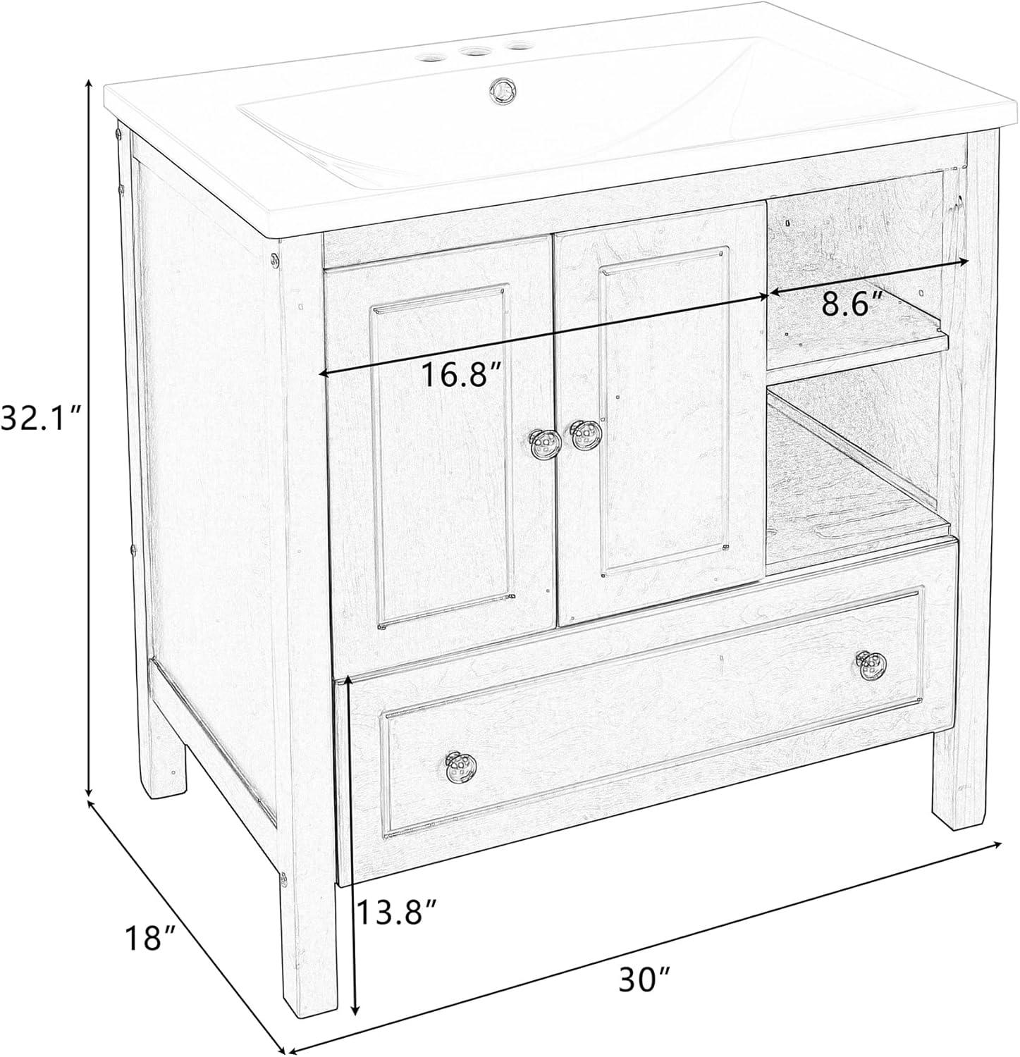 White 30" Freestanding Bathroom Vanity with Ceramic Sink and Storage