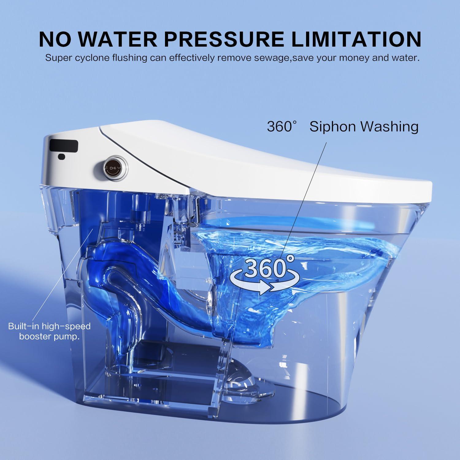 Smart Toilet with Warm Water Sprayer, Foot Sensor Operation, Heated Bidet Seat, Raised Tankless Toilet with LED Display