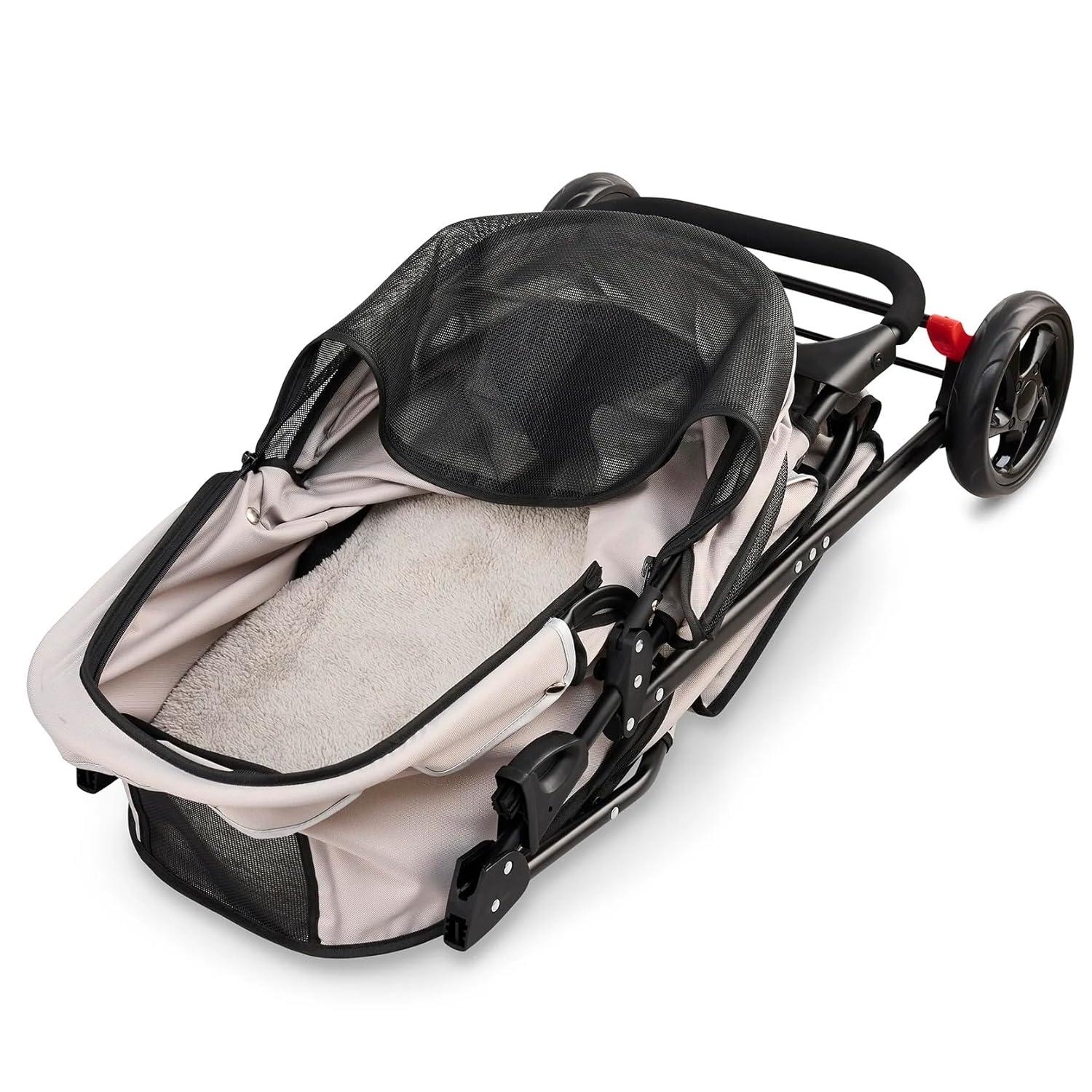 Carlson Pet Products Stroller, Includes 360 Degree Front Wheel Swivel, Rear Wheel Breaks, Reflective Trim, Mesh Panels, Umbrella and Mesh Canopy, Khaki, Pets up to 30 lbs