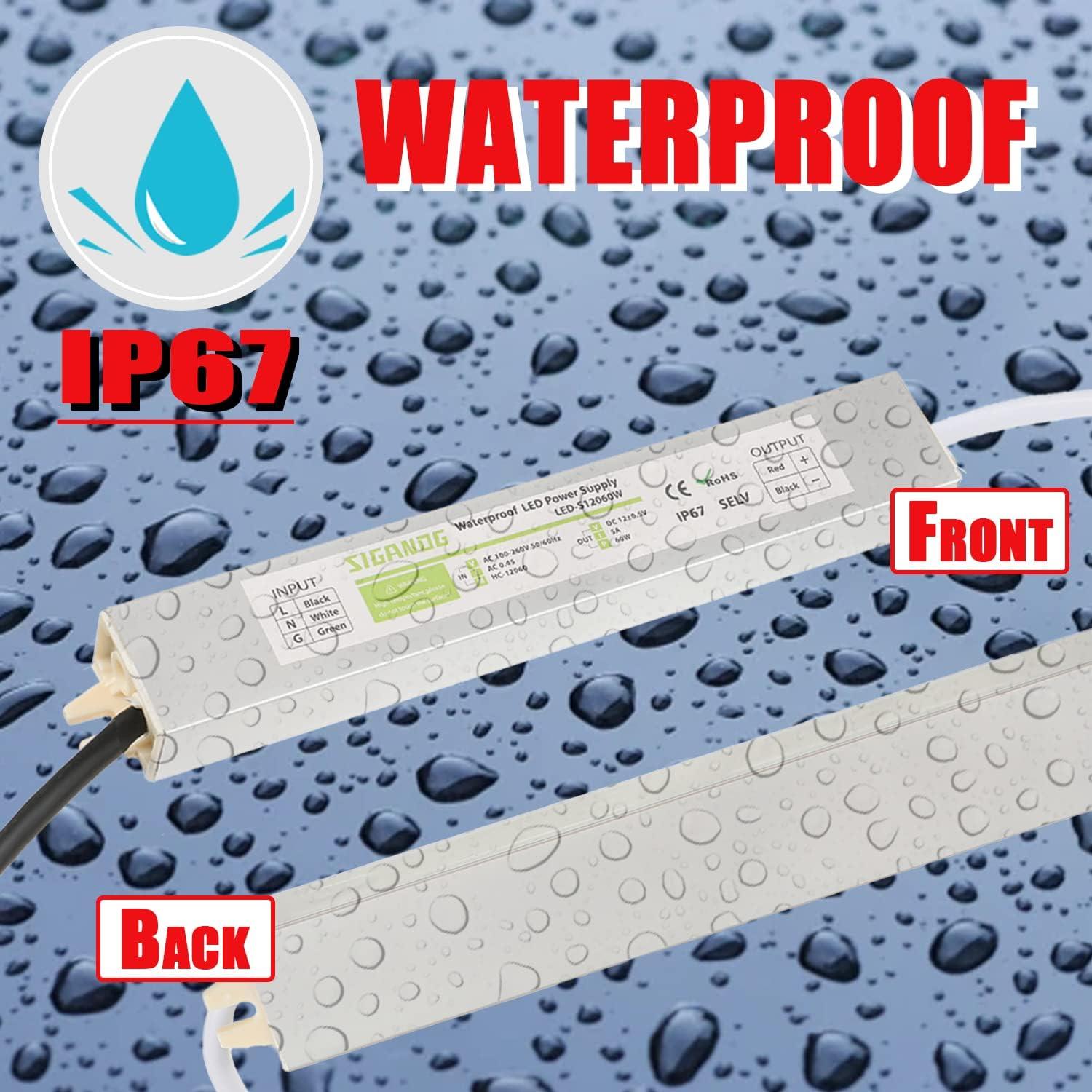 60W Watts LED Driver Power Supply Transformer Adapter Waterproof IP67 100V-260V AC to 12V DC Low Voltage Output for LED Light Outdoor Light 12V DC Led Lights Computer Project