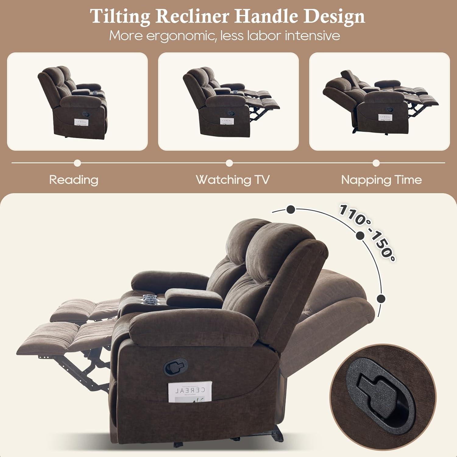Loveseat Recliner Sofa, Manual Recliner Loveseat with Console, Modern Chenille Sofa Sleeper Deep Couches with Cup Holders and Side Pocket for Living Room/Office/Apartment (Brown)