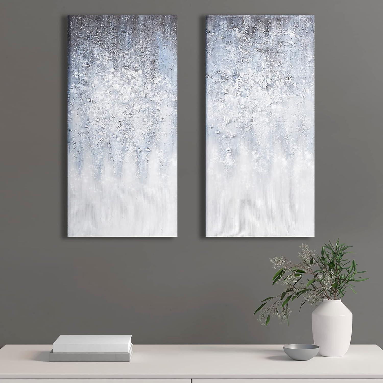 (Set of 2) 15" x 30" Winter Glaze Heavy Textured Canvas with Glitter Embellishment Blue/White