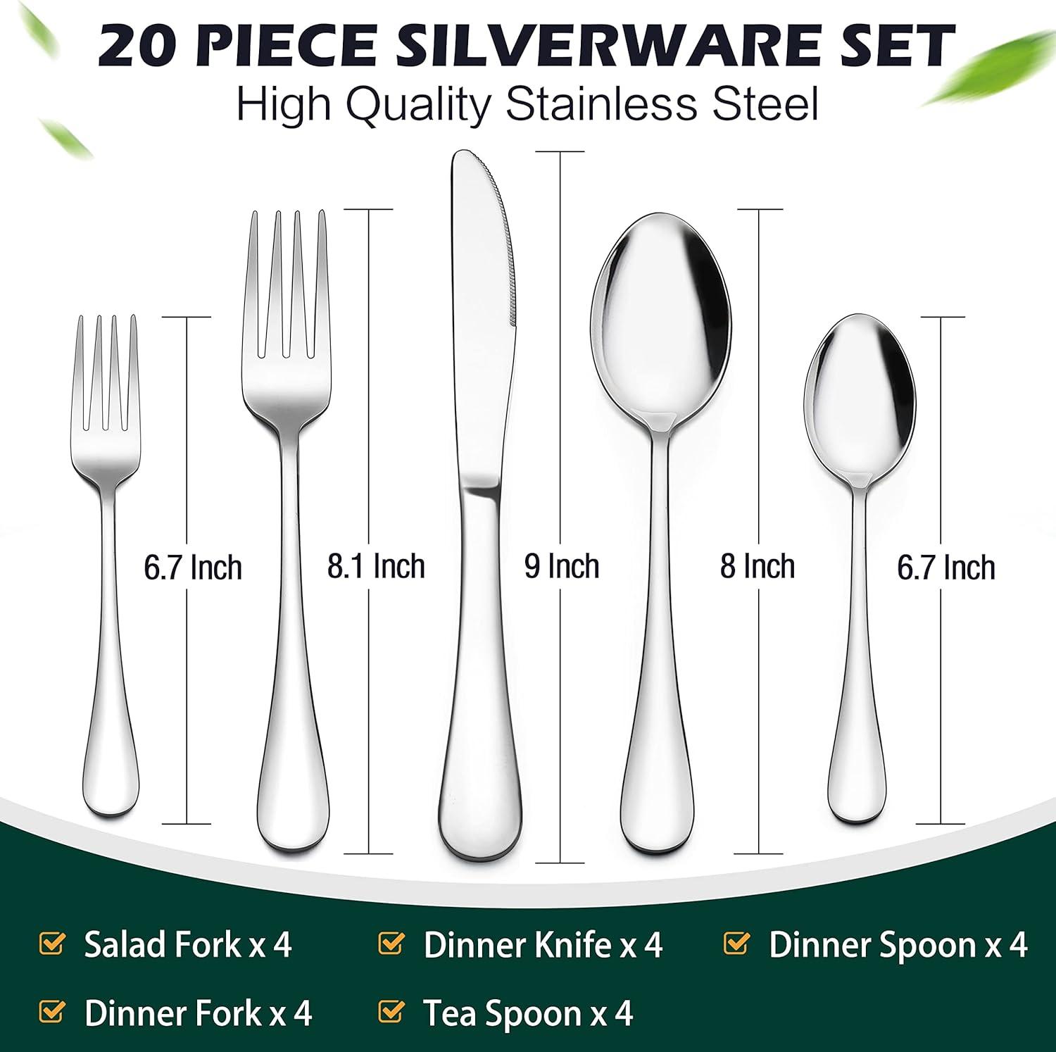 LIANYU 20-Piece Mirror Polished Stainless Steel Flatware Set