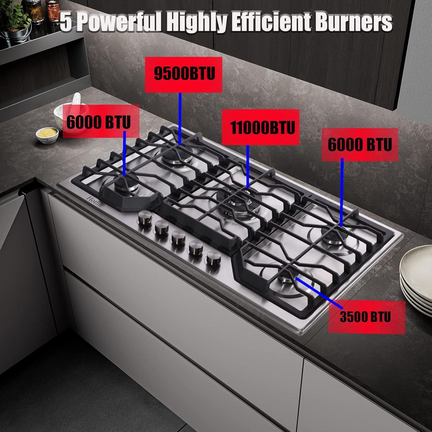 34 Inch Stainless Steel 5 Burner Gas Cooktop with Griddle