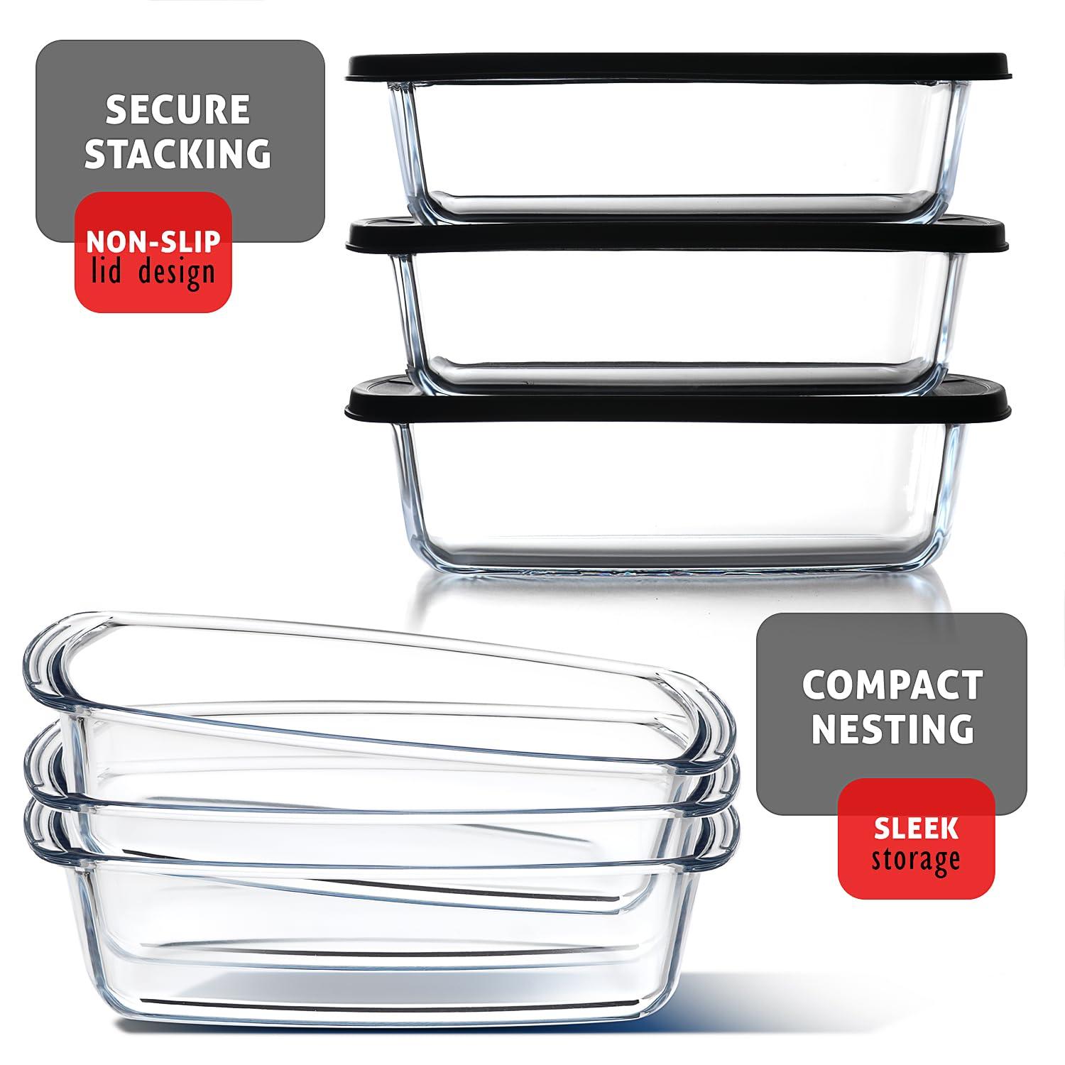 Joytable Set of 3 Bread Loaf Pans with Airtight Lids, 1.9 Quart Deep Rectangular Glass Food Storage Containers