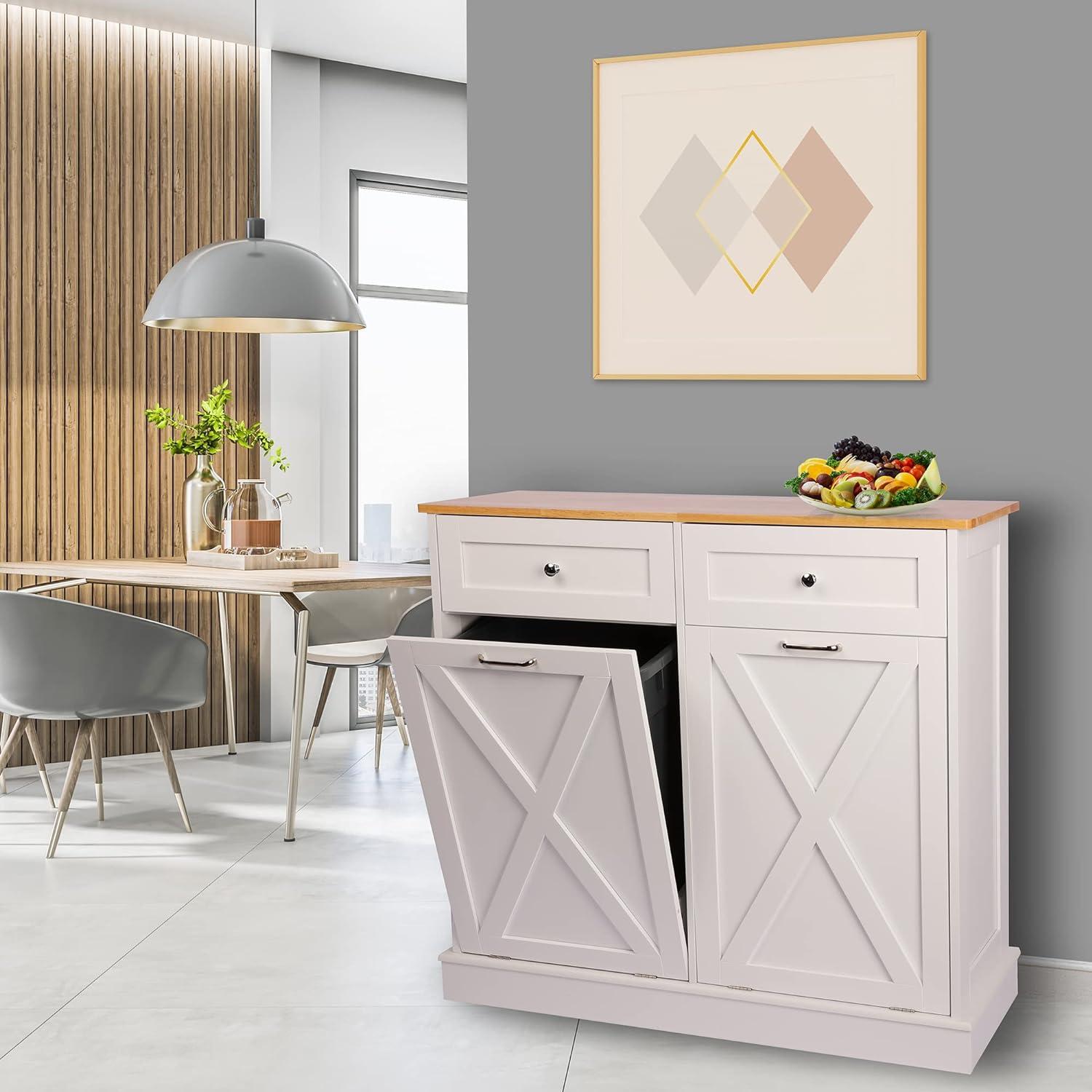 White Rubberwood Double Tilt-Out Kitchen Cabinet with Drawers