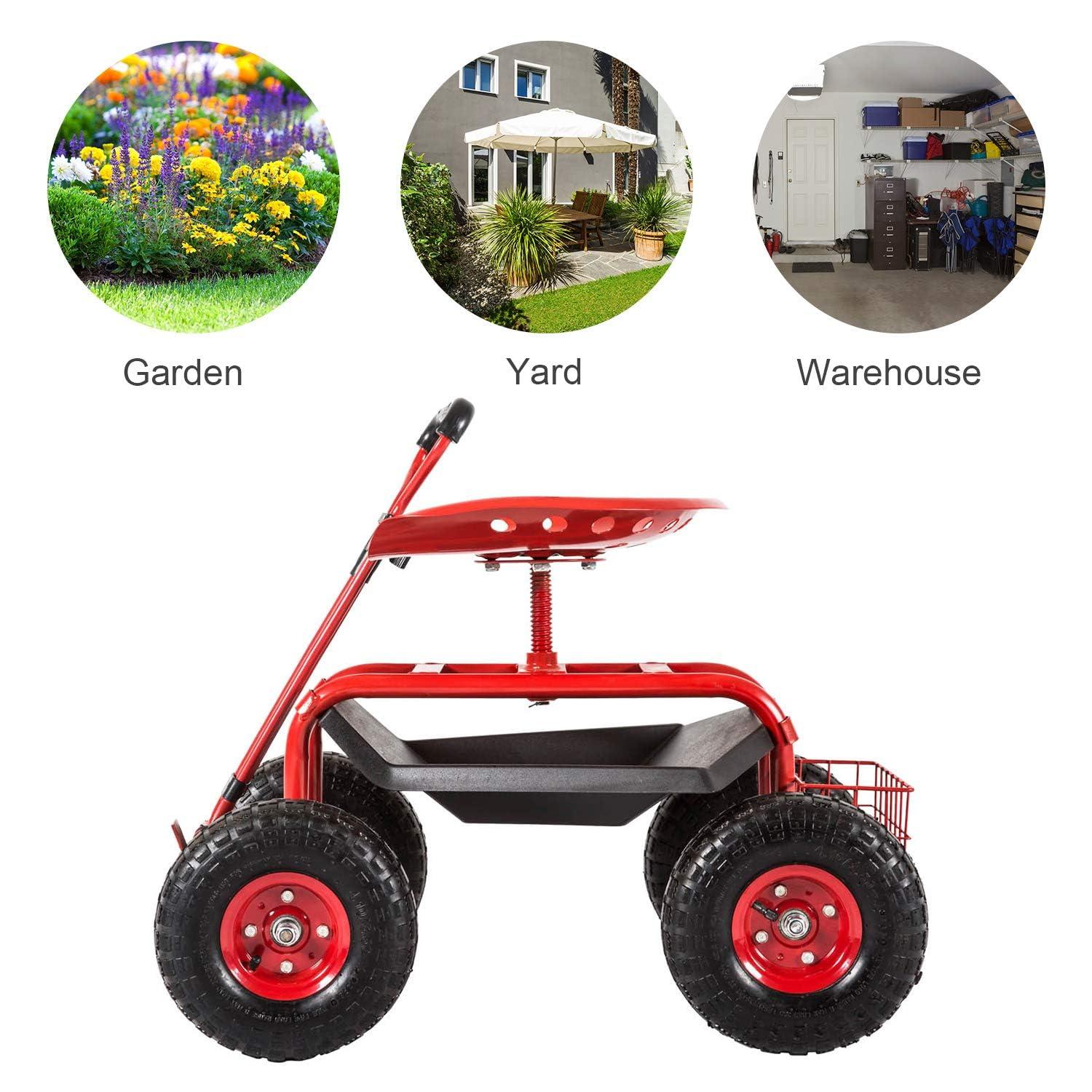 Rolling Garden Cart Scooter Stool - Garden Seat with Wheels Garden Cart with Seat, Adjustable Handle 360 Degree Swivel (Green)