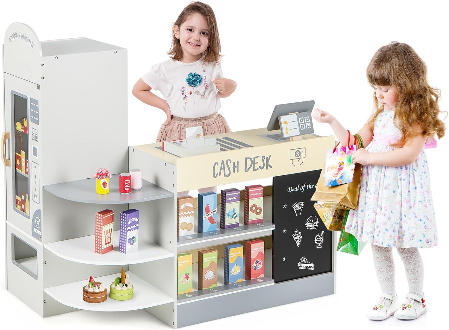 Canddidliike Kids Grocery Store Playset with Cash Register POS Machine, Gifts for Boys and Girls Aged 3-8, Gray, Play Kitchen for Kids, Wooden Kids Play