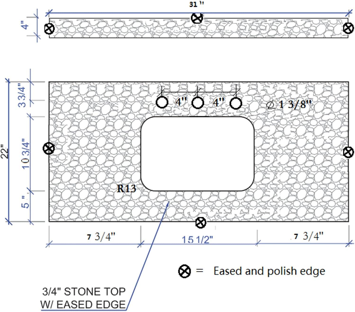 31 Carrara White Stone Bathroom Vanity Top with Rectangle Undermount Ceramic Sink, Backsplash, and 3 Faucet Holes - Modern Style for Bathroom Cabinet