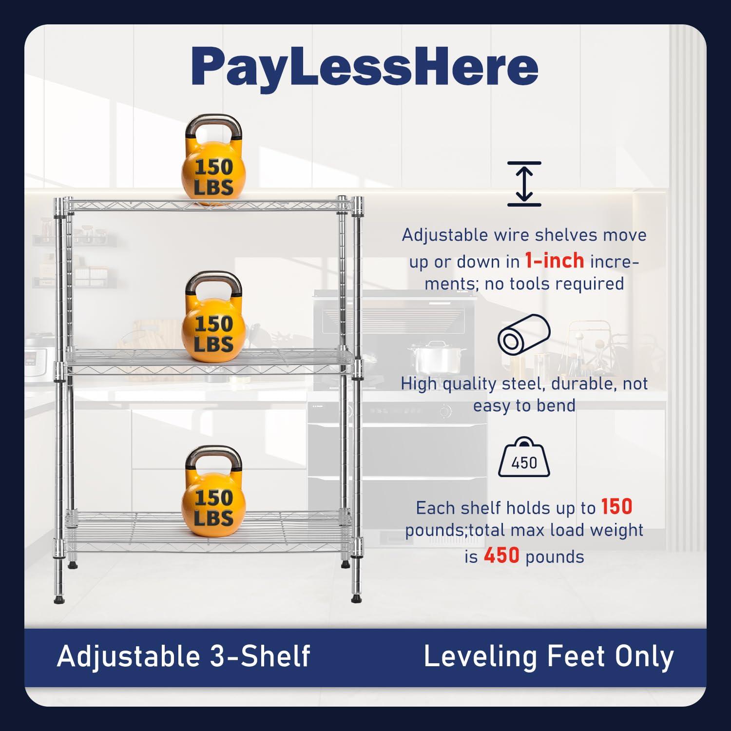 FDW Shelf Shelving Pantry Storage Cabinet Heavy Duty 3 Tier Metal Storage Shelf 450 lbs Total Capacity Adjustable Feet Easy Assembly (Chrome)