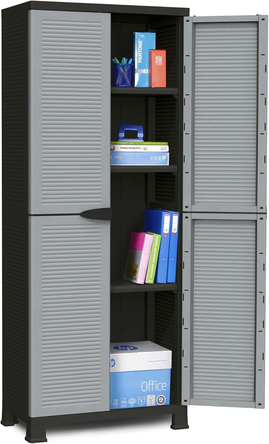 RAM Quality Products PRESTIGE UTILITY Indoor Outdoor Tool Storage Organizing Cabinet with Lockable Double Grey Doors