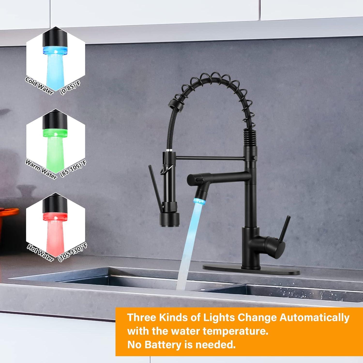 Matte Black Stainless Steel LED Kitchen Faucet with Pull-out Spray