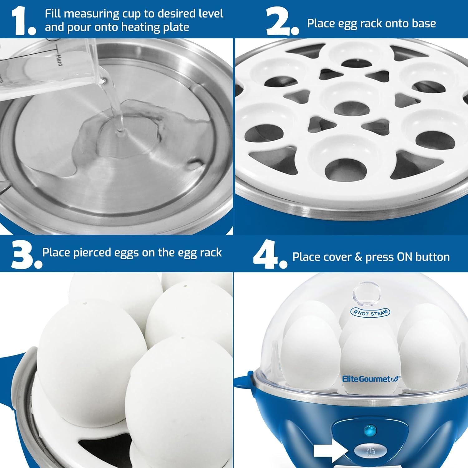 Elite Gourmet EGC700BL# Rapid Egg Cooker, 7 Easy-To-Peel, Hard, Medium, Soft Boiled Eggs, Poacher, Omelet Maker, Auto Shut-Off, Alarm, 16-Recipe Booklet, BPA-Free, Ocean