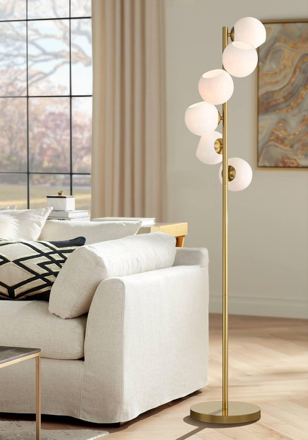 67" Brass and White Glass Globe Tree Floor Lamp