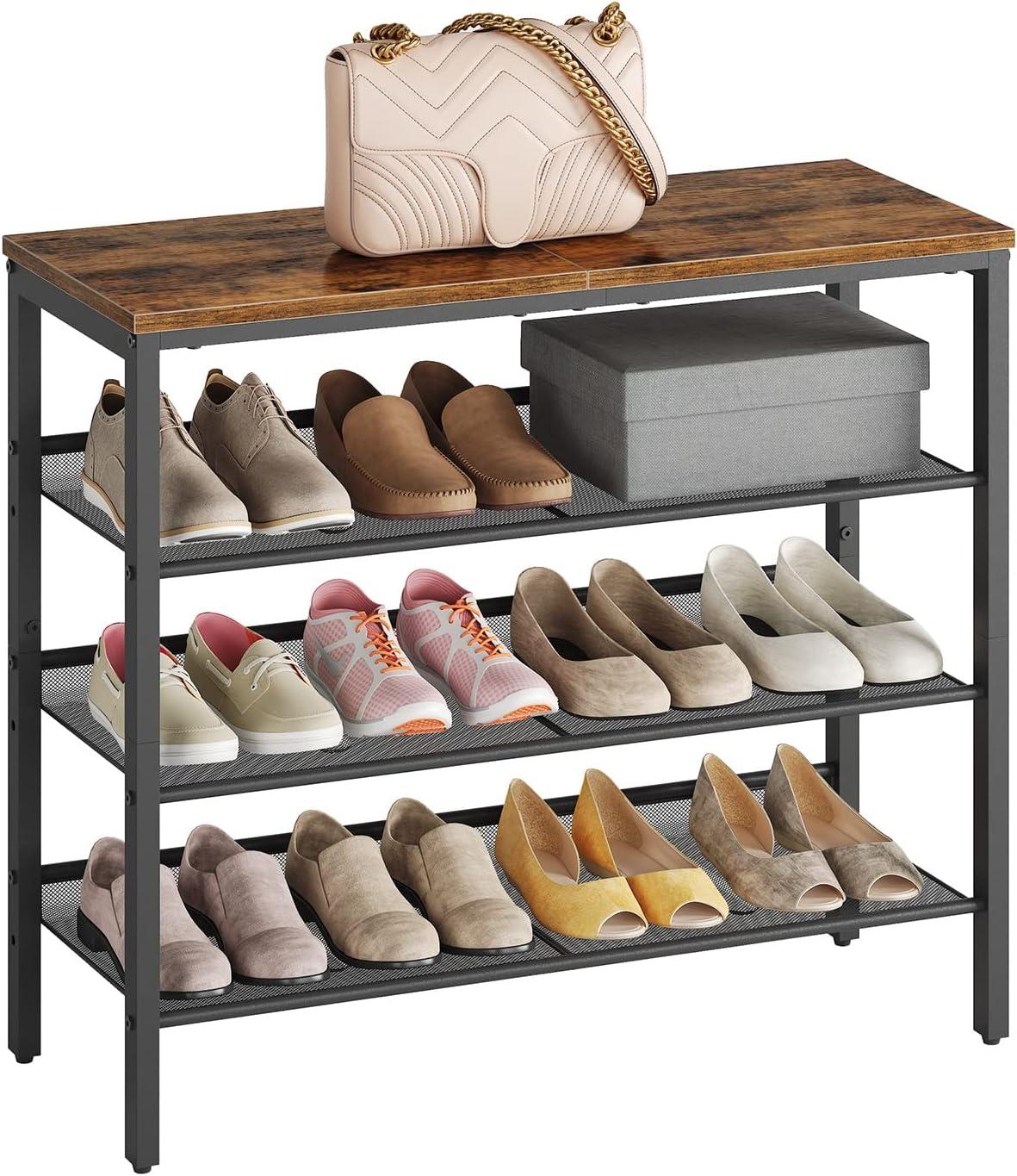 Rustic Brown 4-Tier Metal Shoe Rack with Adjustable Mesh Shelves