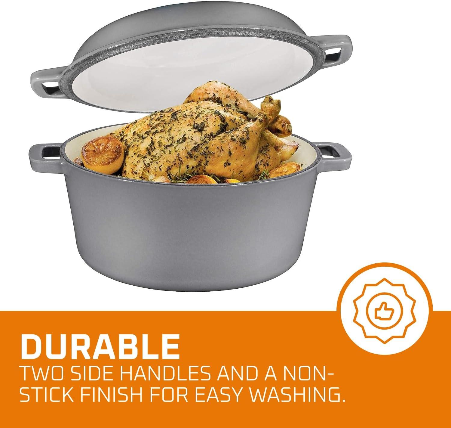 Bruntmor 2-in-1 Gray Enamel Cast Iron Dutch Oven & Skillet Set, 5 Quarts | All-in-One Cookware for Induction, Electric, Gas, Stovetop & Oven