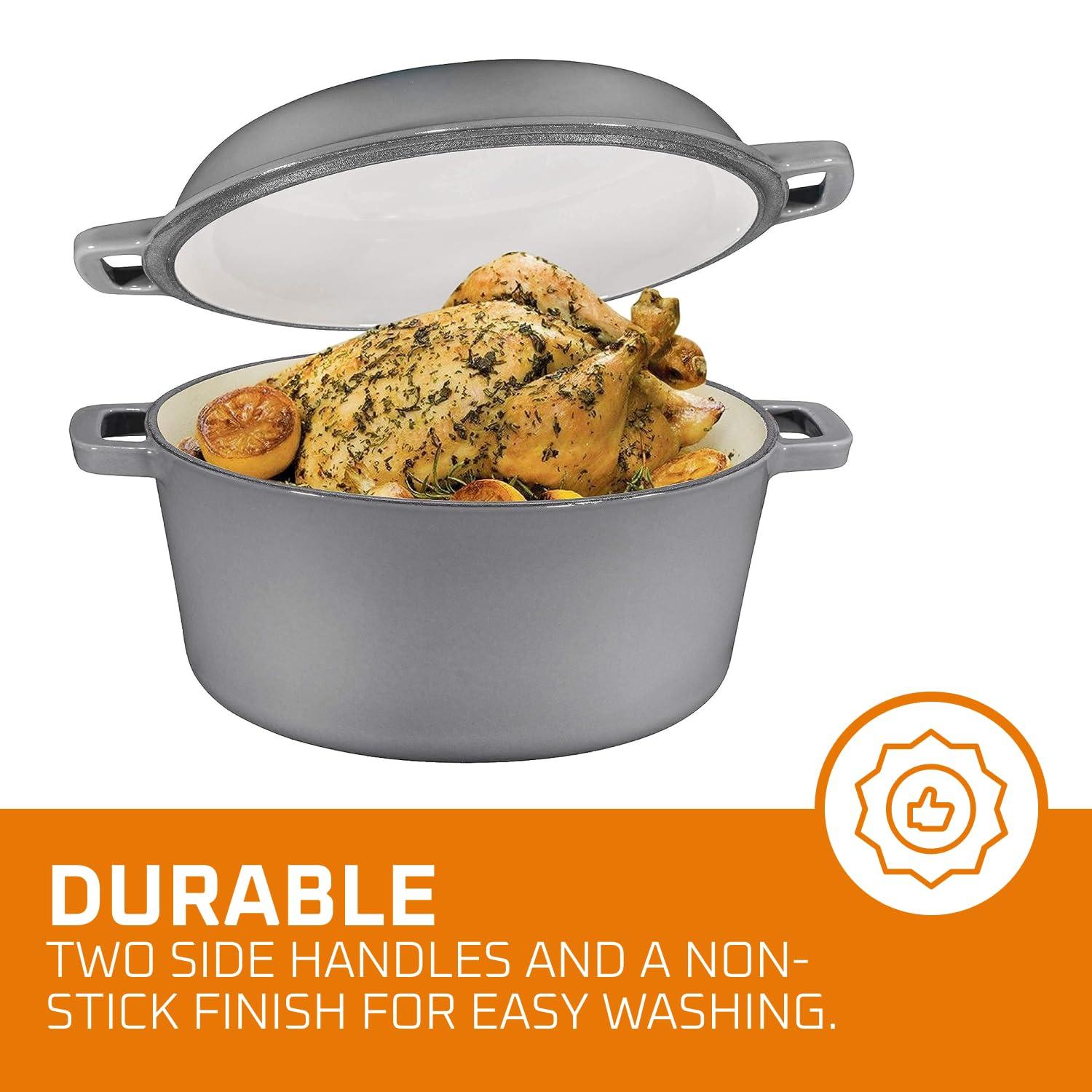 Bruntmor 2-in-1 Gray Enamel Cast Iron Dutch Oven & Skillet Set, 5 Quarts | All-in-One Cookware for Induction, Electric, Gas, Stovetop & Oven