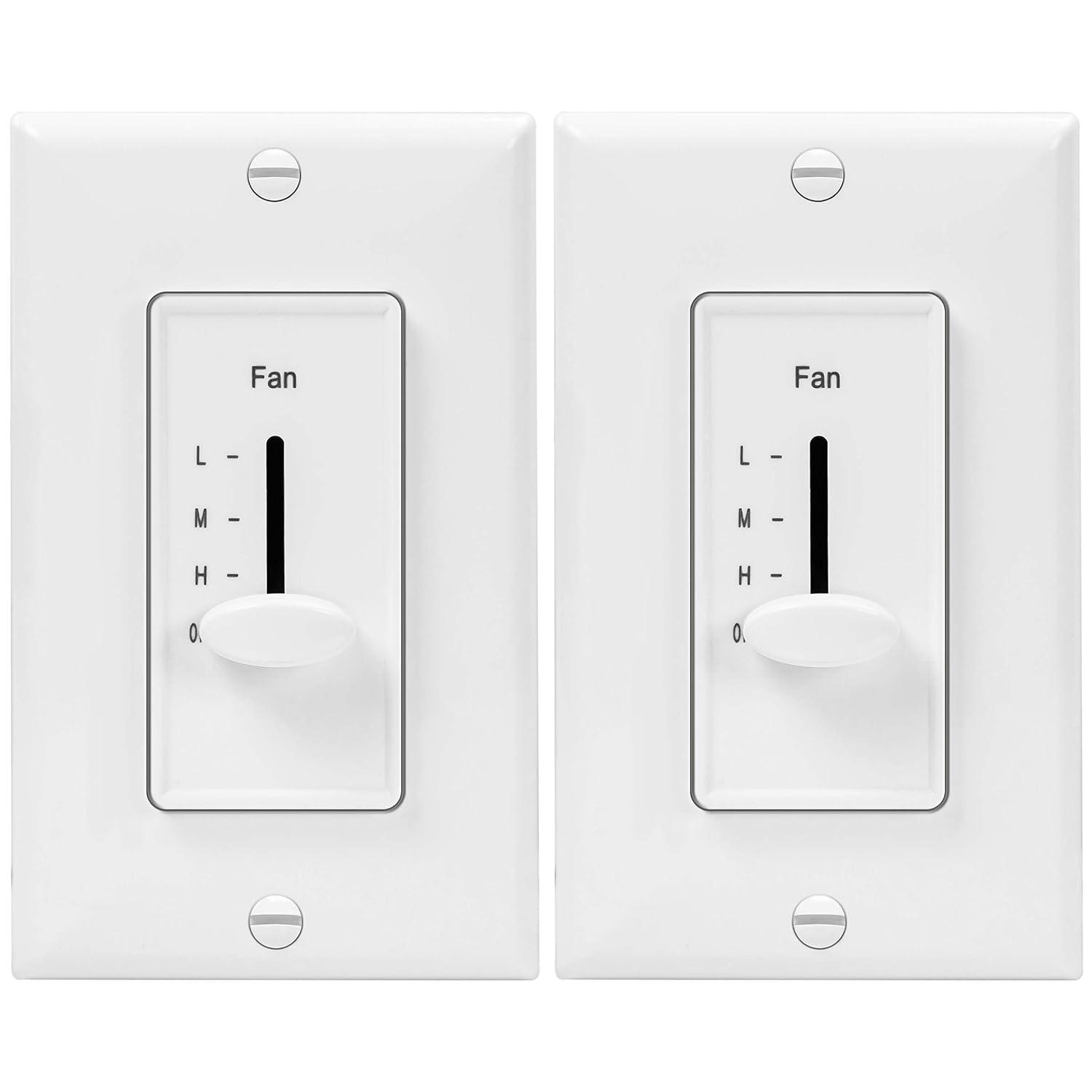 ENERLITES 3 Speed in Wall Ceiling Fan Control, Slide Switch, 120VAC, 2.5A, Single-Pole, Neutral Wire NOT Required, 17000-F3-W2P, White, 2 Pack