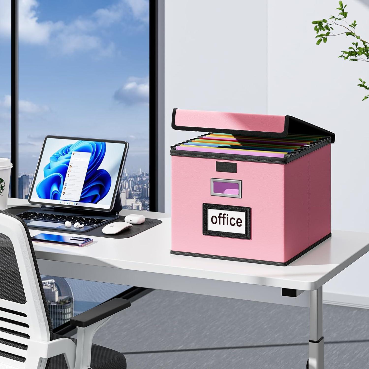 BEACHWATER POOL & SPA, LLC Upgraded File Organizer Box, Collapsible Leather Document Organizer, Hanging File Folder Organizer Box With Lid, Decorative Home/Office Filing Box Cabinet For Letter/Legal File Folder Storage