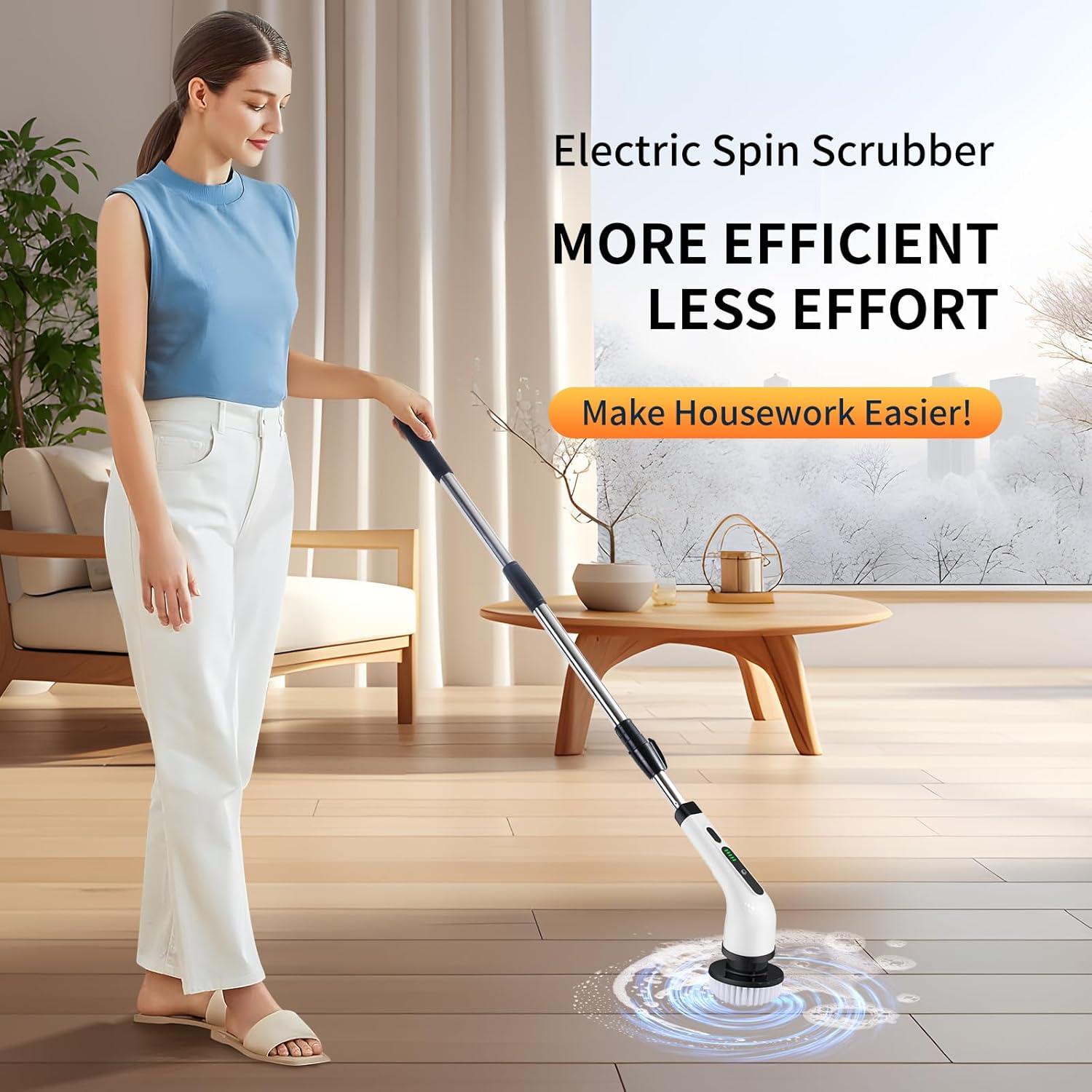 Electric Spin Scrubber, Cordless Cleaning Brush, Shower Cleaning Brush with 9 Brush Heads 2H Power Dual Speed, Adjustable Extension Handle, IPX7 Waterproof for Tub Tile Floor Car, White