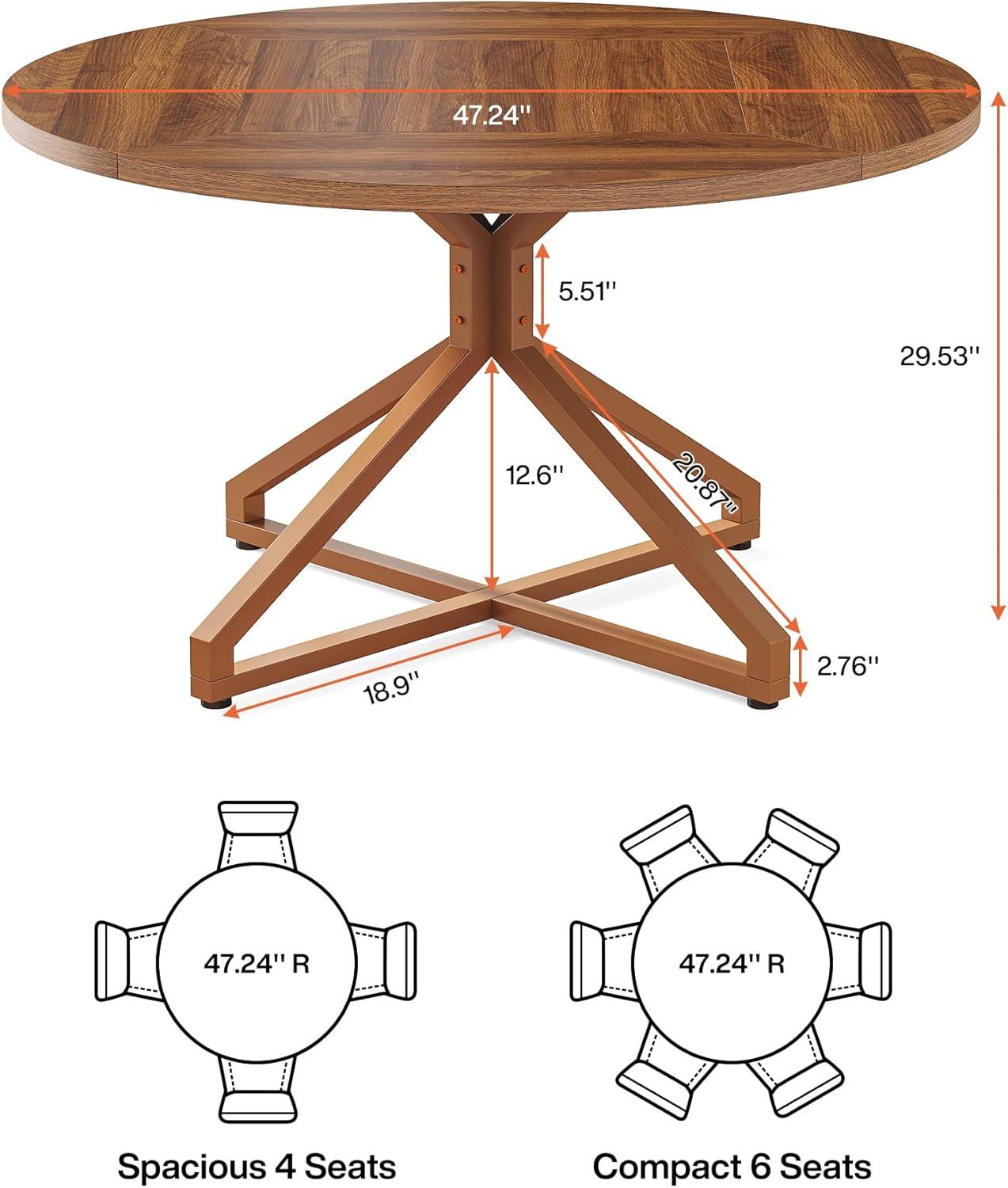 Tribesigns Round Dining Table for 4-6 People, 47-Inch Circle Kitchen Table with Metal Pedestal Base, Wood Dinner Table for Dining Room, Kitchen