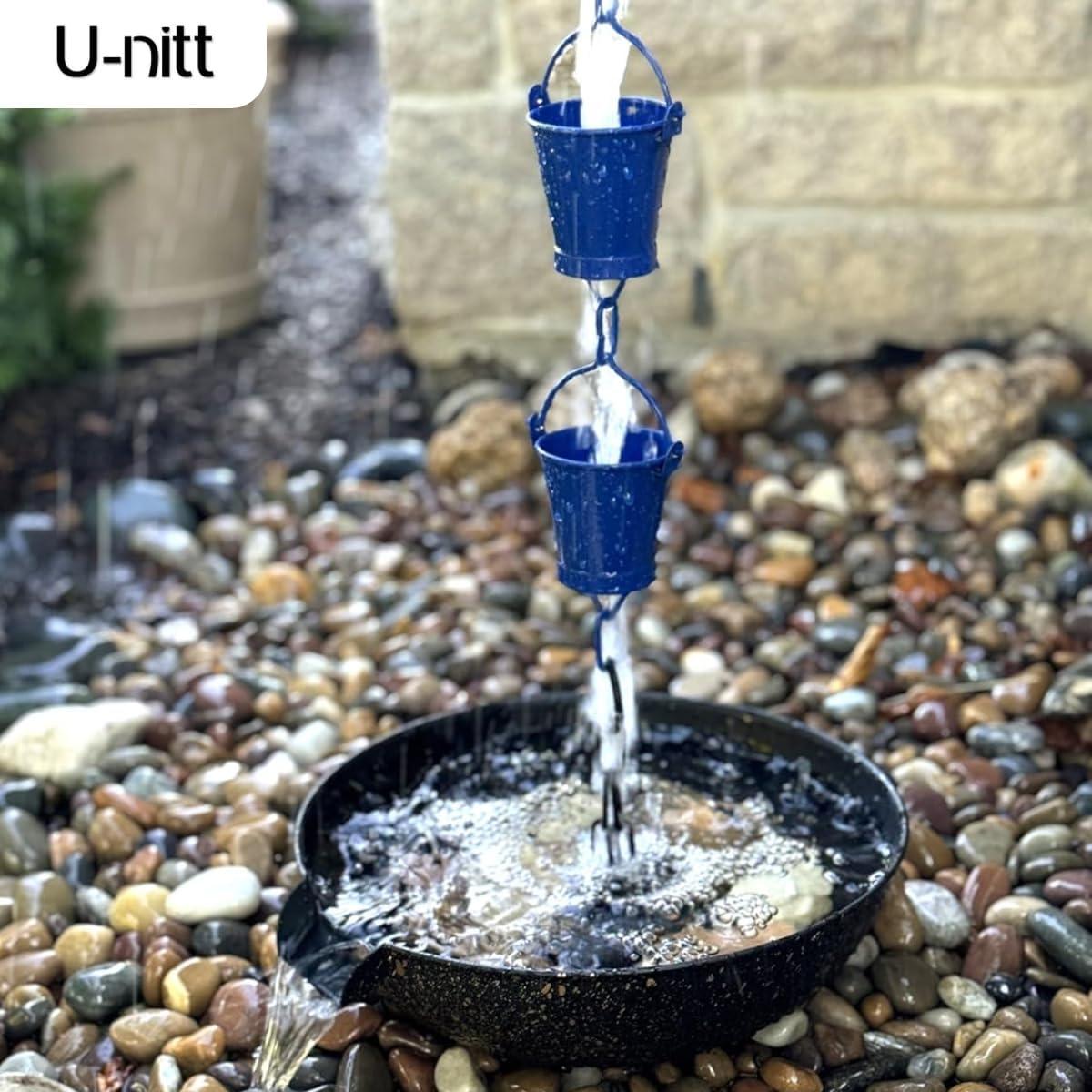 U-nitt Rain Chains, Roof Gutter Downspout Channel, Rainwater Catcher/Diverter, 8.5 FT, Metal, Blue Powder Coated, Farmhouse Bucket, 8146BLU