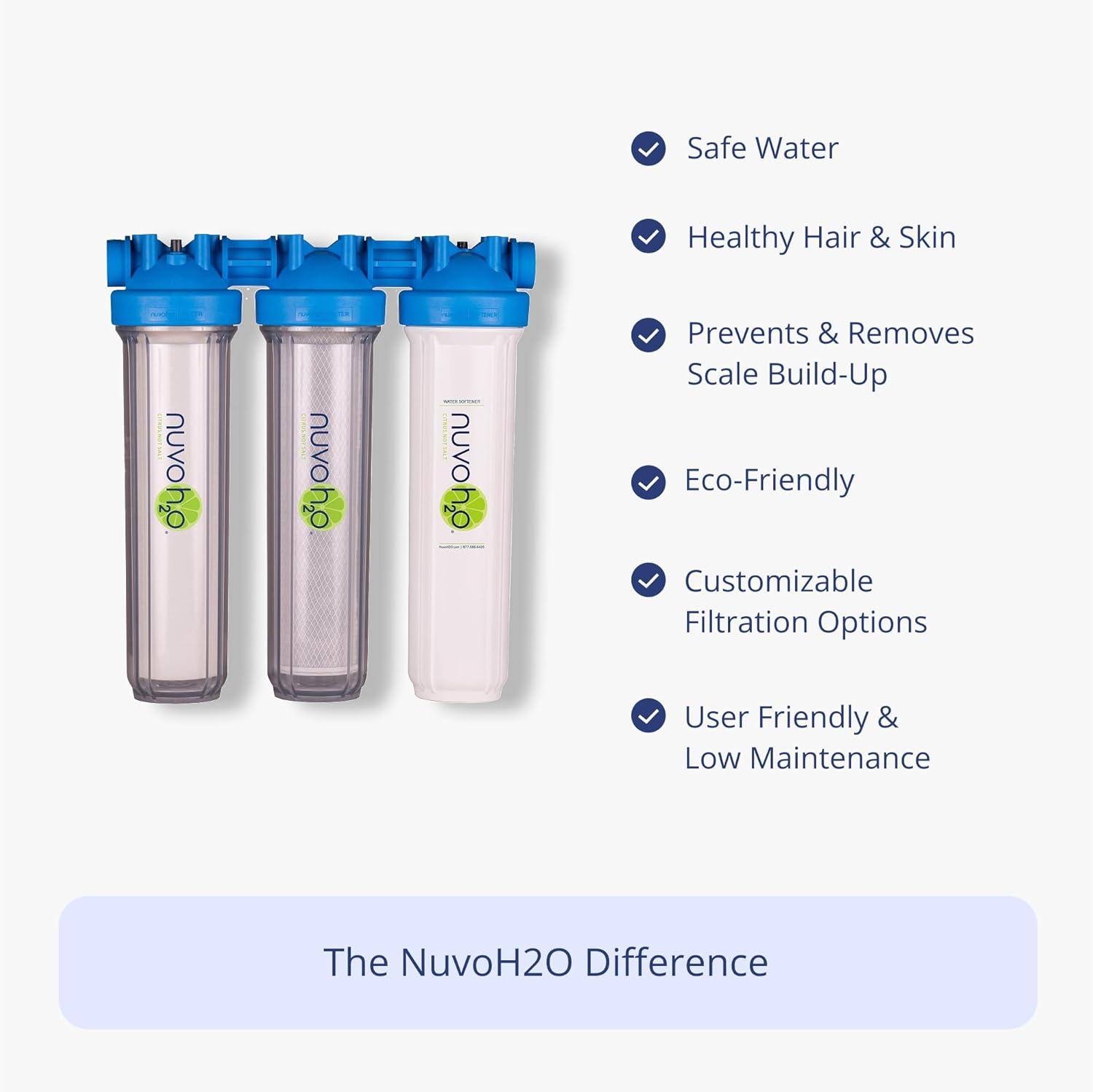 NuvoH2O Advanced 3-Stage Citrus, Salt-Free Water Filter System + Water Softener with Carbon and Iron Filtration – Healthy & Pure Water – Removes Hard Water Build Up (Whole Home Trio System)