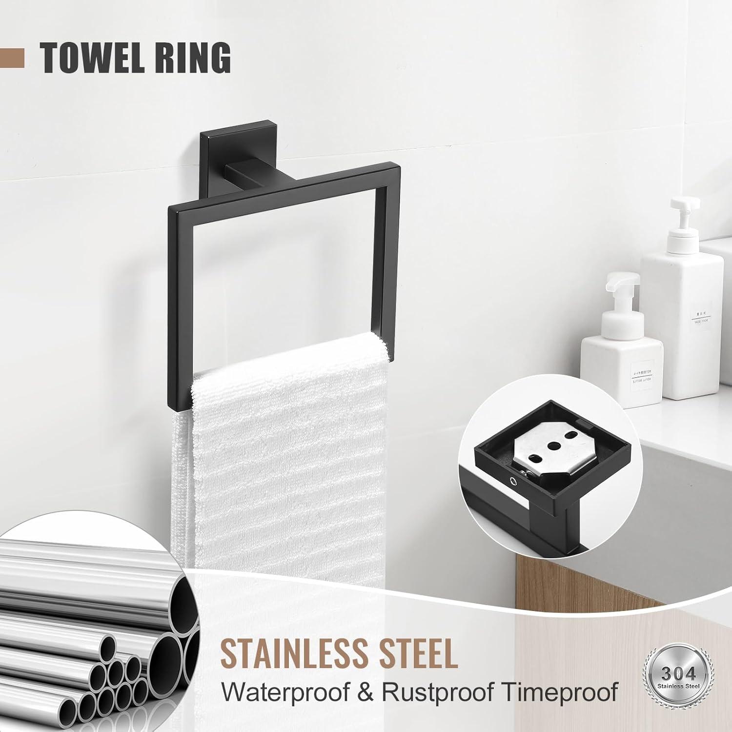 Black Towel Bar Set 5-Piece Bathroom Hardware Set,Square SUS304 Stainless Steel - 23.6 Inch Wall Mounted Towel Rack,Toilet Paper Holder,Towel Ring and Towel Hook