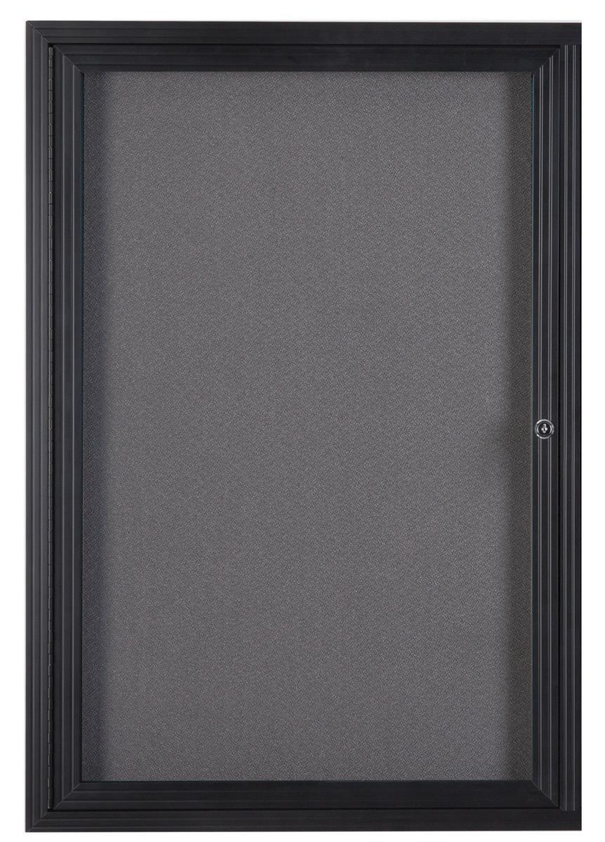 Fabric Corkboard for Wall Mounting, 24" x 36" Enclosed Message Board with Hinged, Swing-open Door, Gray Fabric and Black Aluminum Frame (LGFBBF2436)