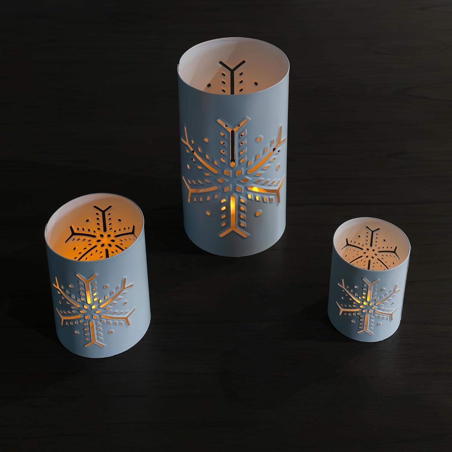AuldHome Design Snowflake Candle Lanterns for Pillar Candles, 3pc Set; Christmas Holiday Decor Centerpiece Candle Holders