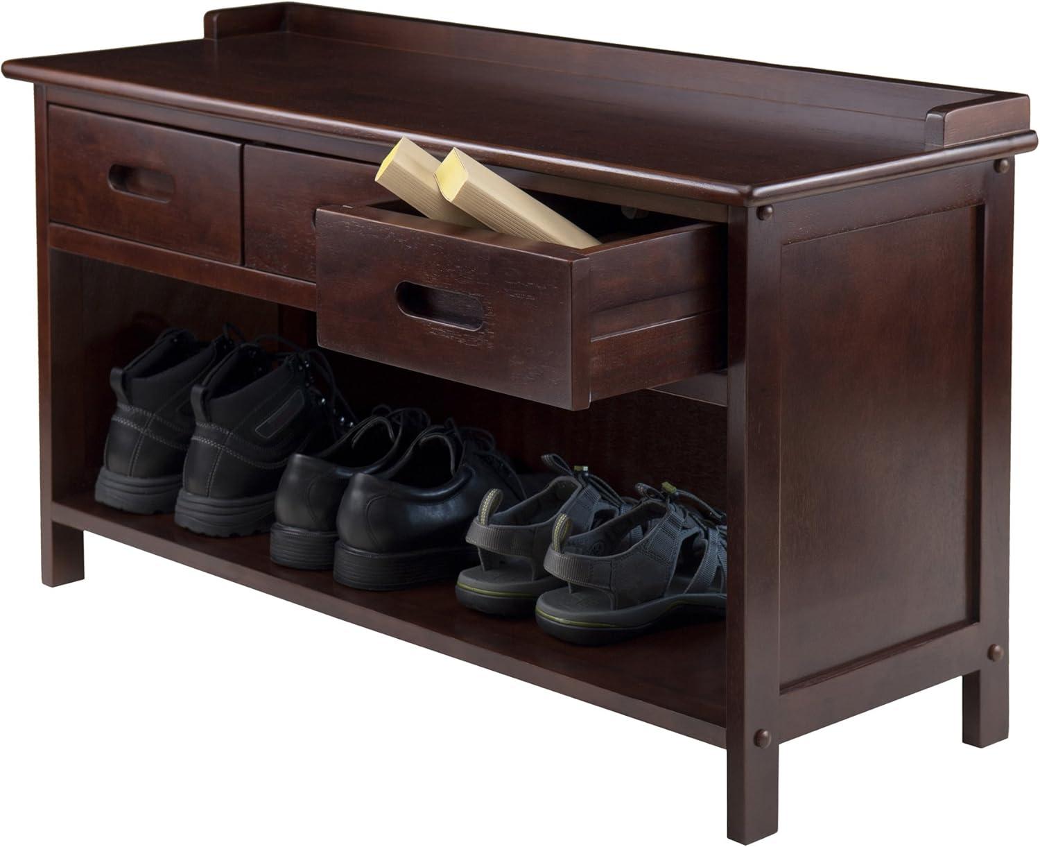 Adriana Entryway Storage Bench with Cushion Walnut - Winsome: Solid Wood, 3 Drawers, Faux Leather