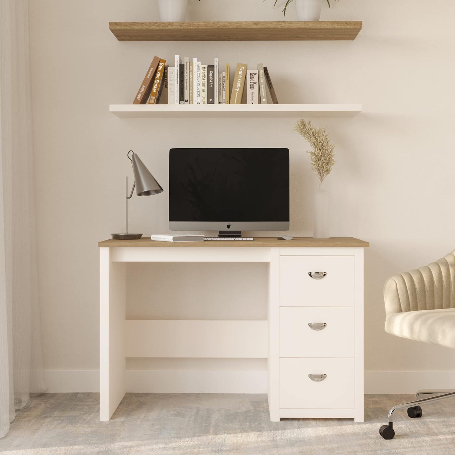 White Wood Computer Desk with 3-Drawer Filing Cabinet