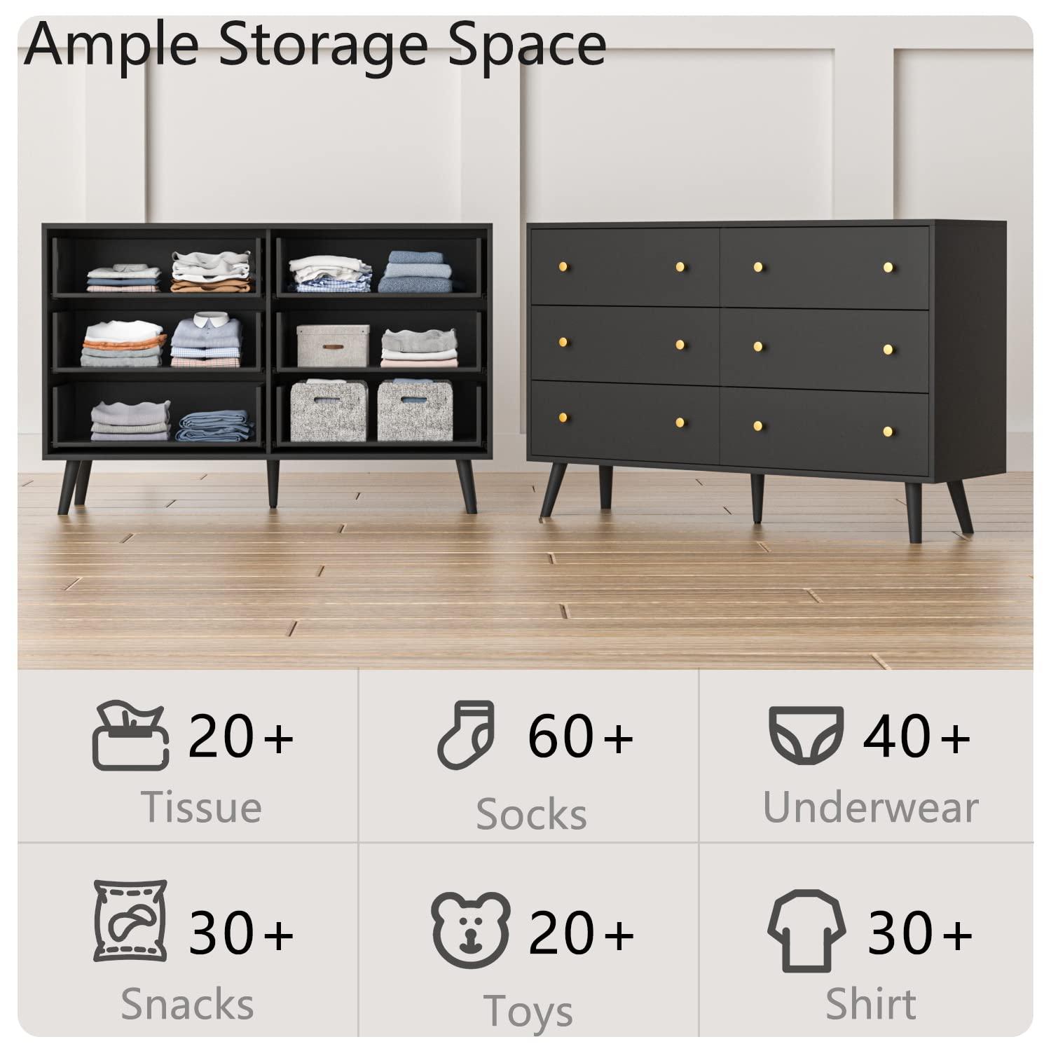 Black Dresser for Bedroom, 6 Drawer Dresser with Golden Handles, Large Storage Cabinet, Modern Chest of Drawers Organizer Storage for Hallyway, Entryway