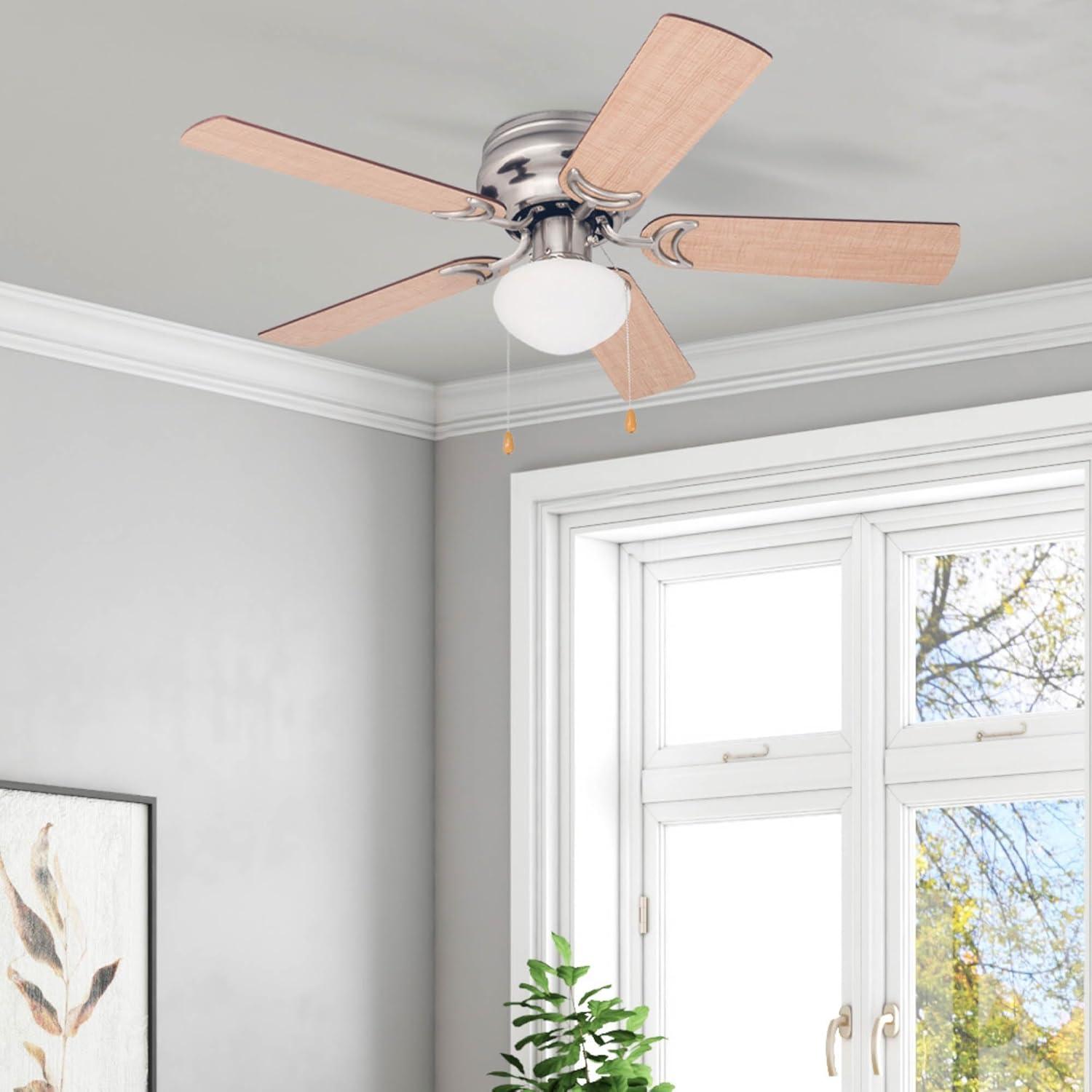 Prominence Home Alvina, 42 Inch Traditional Flush Mount Indoor LED Ceiling Fan with Light, Pull Chain, Dual Finish Blades, Reversible Motor - 80029-01 (Satin Nickel), 52