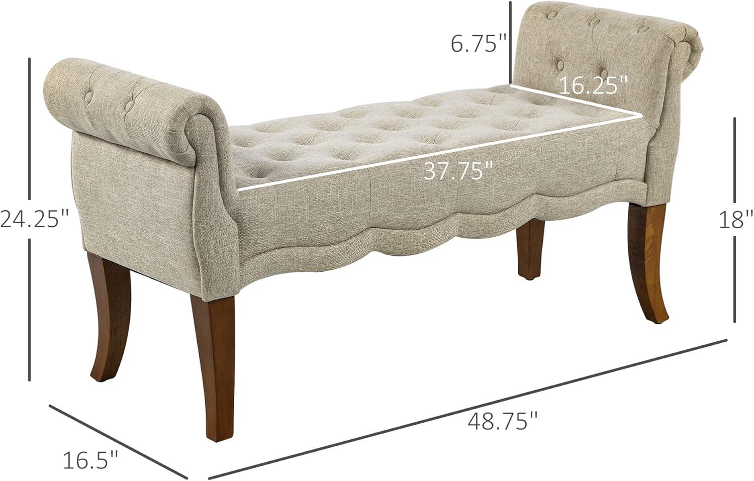 HOMCOM Traditional Style End of Bed Bench, Upholstered Entryway Bench with Button Tufted and Rounded Arm, Light Gray
