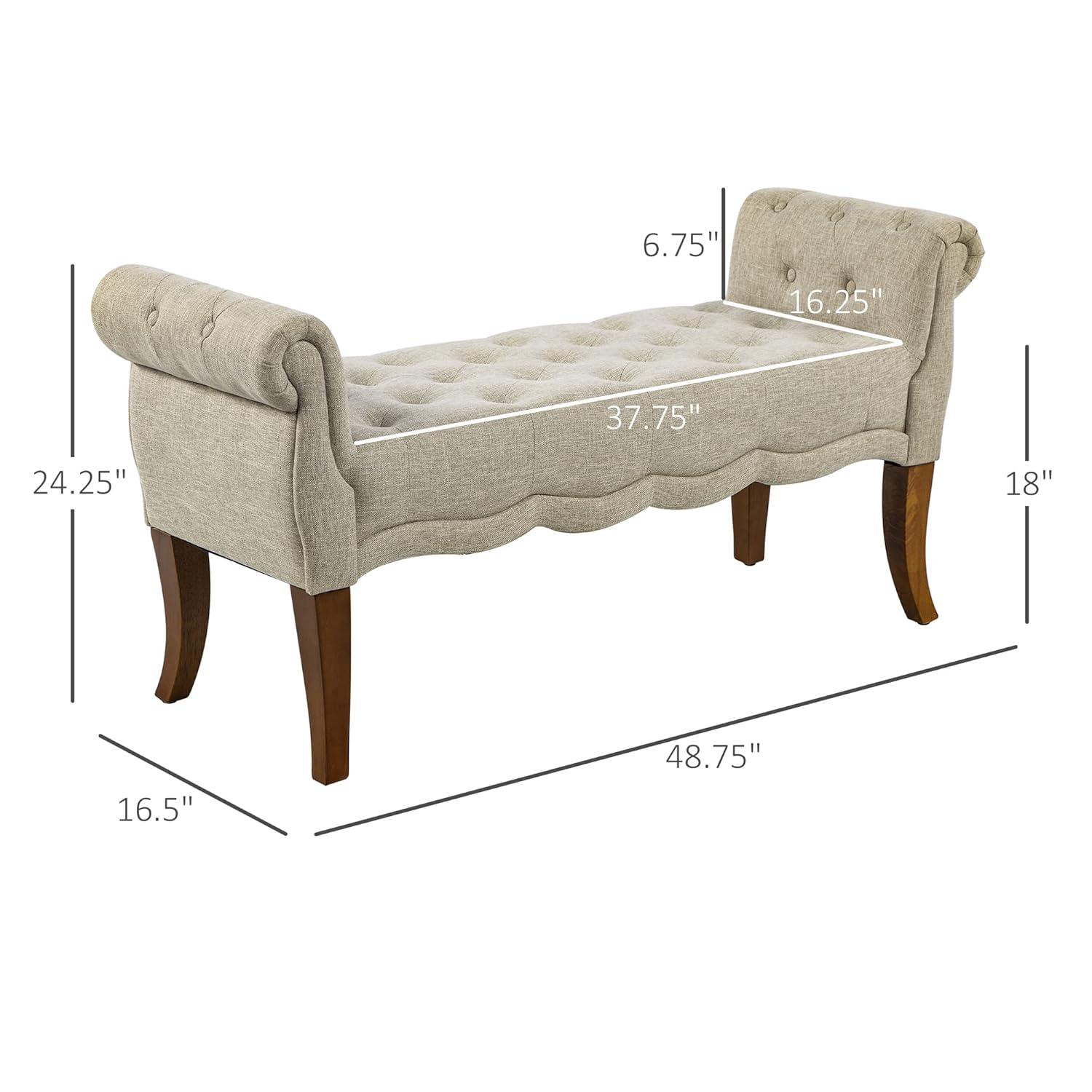 HOMCOM Traditional Style End of Bed Bench, Upholstered Entryway Bench with Button Tufted and Rounded Arm, Light Gray