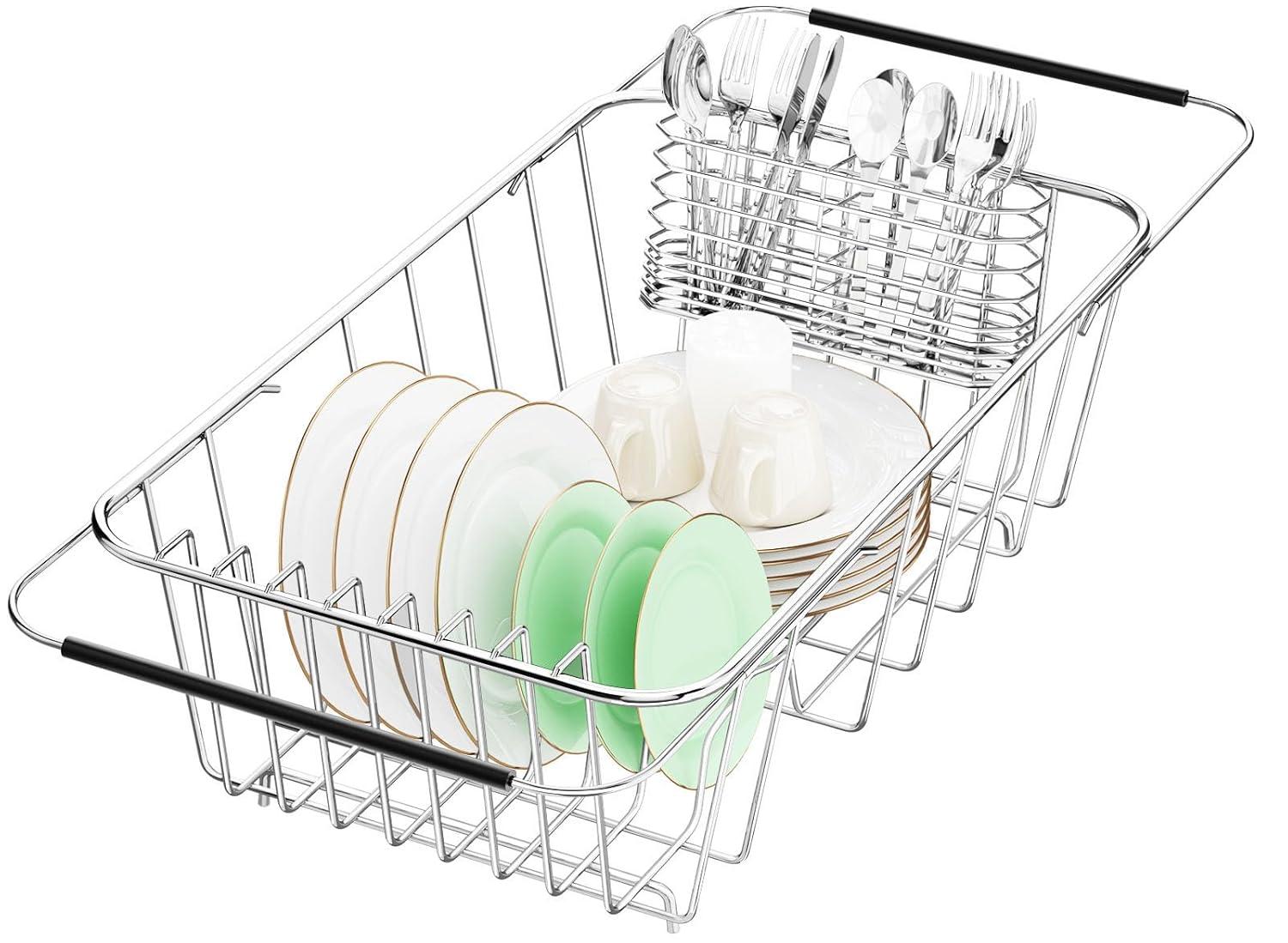 Small Dish Drainer Rack in Sink Adjustable, Expandable Stainless Steel Metal Dish Drying Rack Organizer with Stainless Steel Utensil Holder Over Inside Sink Counter, Rustproof(for 1-2 People)