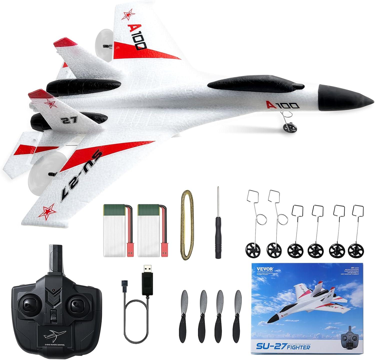 VEVOR White and Red EPP Foam RC Fighter Plane with Gyroscope