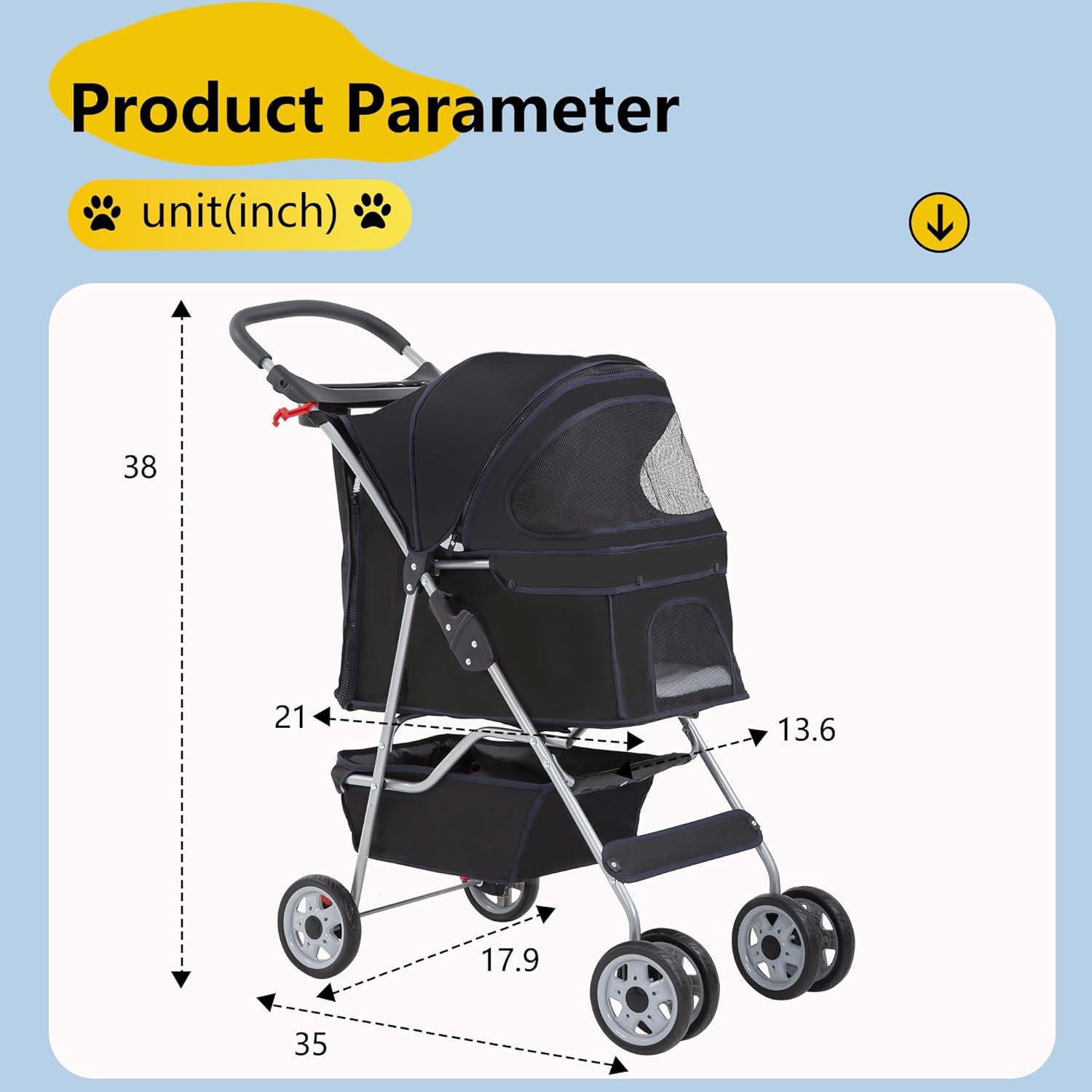 Black Alloy Steel 4-Wheel Foldable Pet Stroller