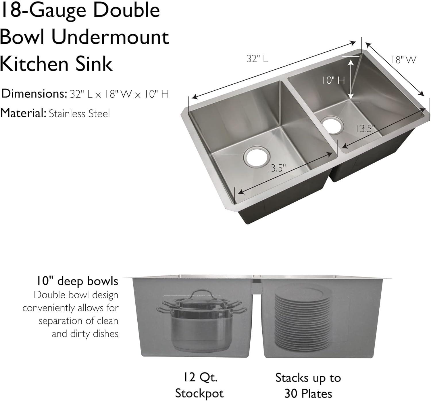 32" L x 18" W Double Basin Undermount Kitchen Sink