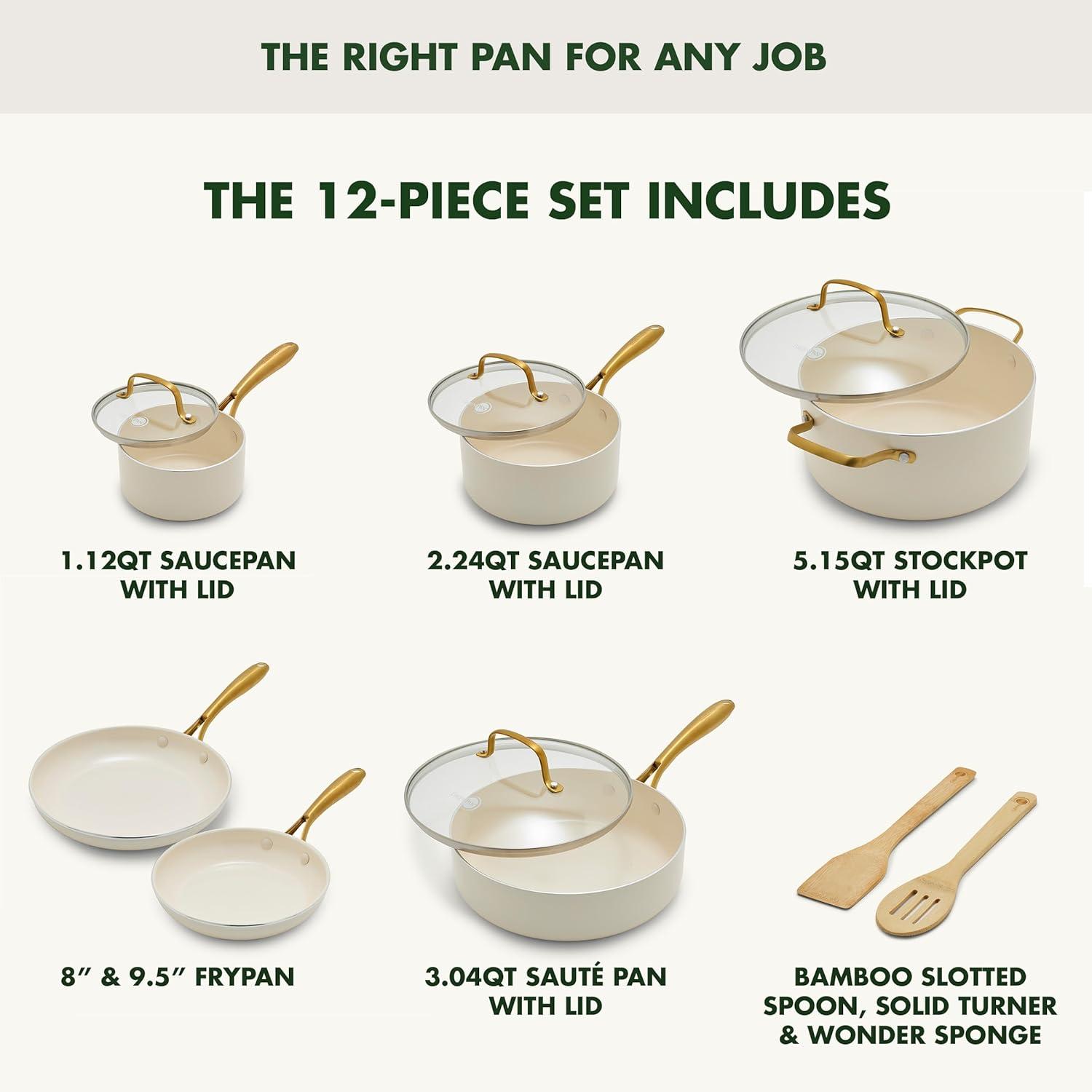 Cream Aluminum Nonstick 12-Piece Cookware Set with Gold Handles