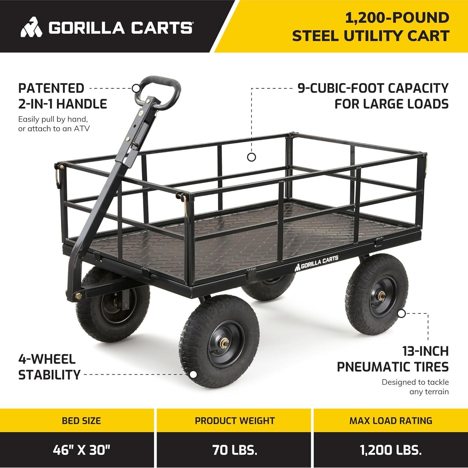 Gorilla Carts GOR1400-Com 1400-lb. Heavy-Duty Steel Utility Cart, 15" Tires, 52" x 34" Steel Bed