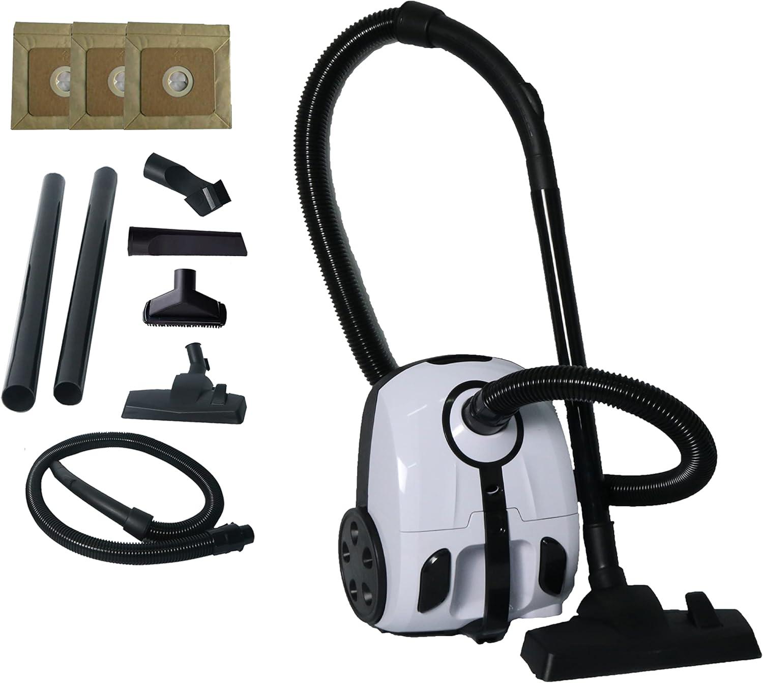 Impecca Lightweight Bagged Canister Vacuum Cleaner for Carpets, Rugs, Hard Floors, Upholstery, etc W/Powerful 1000W Motor, 2L Dust Capacity, Includes 6 Cleaning Tools + 3 Bags - White