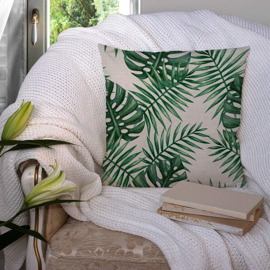 SSOIU Farmhouse Decorative Throw Pillow Cover Watercolor Tropical Palm Leaves Green Leaf Decoration Home Decor Cotton Linen Cushion Case for Sofa Couch, 18" x 18"