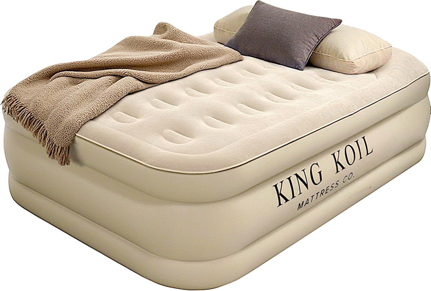 King Koil Luxury Air Mattress 16in Full Size Beige with Built-in Pump for Home, Camping & Guests-Inflatable Airbed Luxury Double High Adjustable Blow Up Mattress, Durable - Portable and Waterproof