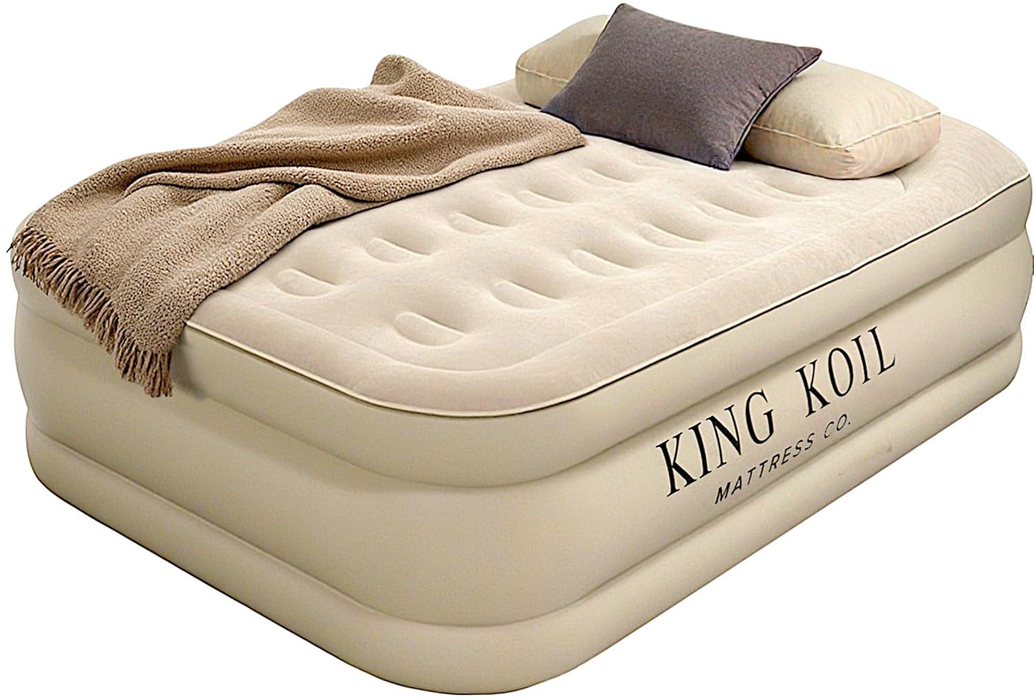 King Koil Luxury Air Mattress 16in Full Size Beige with Built-in Pump for Home, Camping & Guests-Inflatable Airbed Luxury Double High Adjustable Blow Up Mattress, Durable - Portable and Waterproof