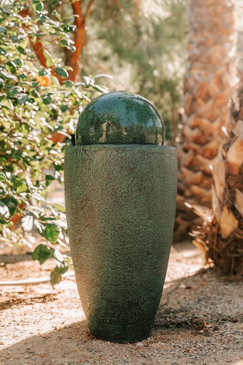 Green Stone Textured Round Sphere Water Fountain with LED Lights