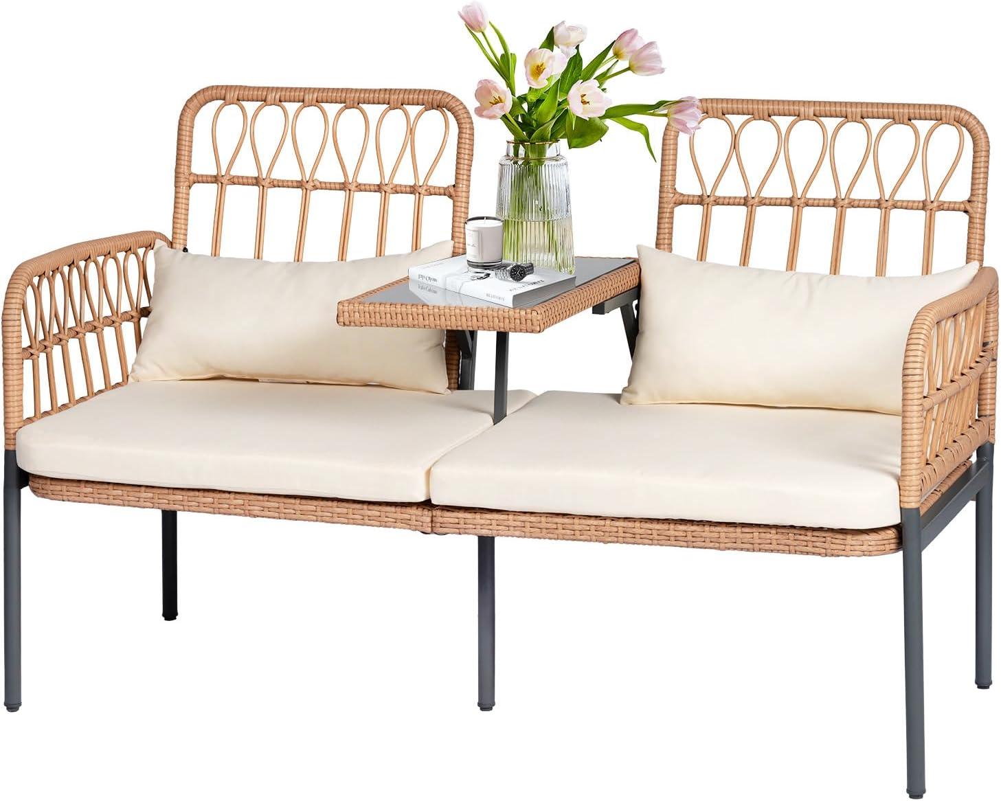 Outdoor Loveseat 2 Pieces Patio Furniture Set, Porch Furniture Wicker Large Loveseats, Patio Conversation Sets with Cushions & Lumbar Pillows and Built-in Table
