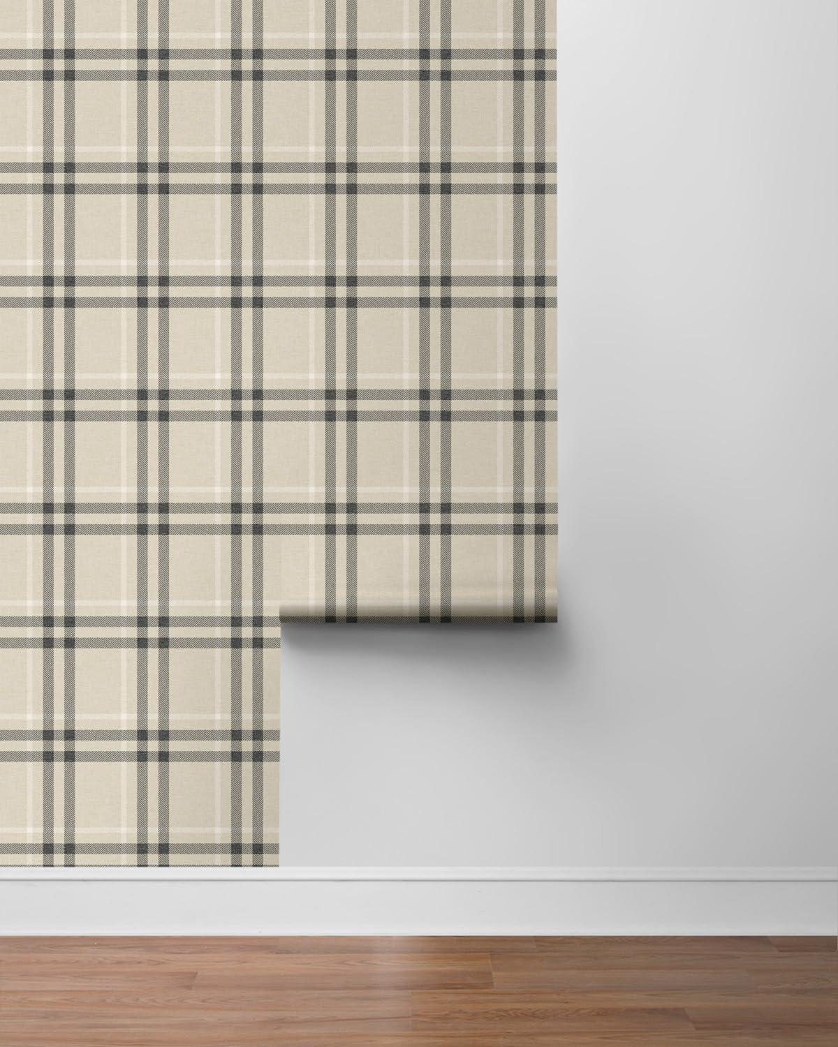 NextWall Linen & Ebony Calverlay Plaid Peel and Stick Wallpaper - 20.9 in. W. x 18 ft. L. Roll